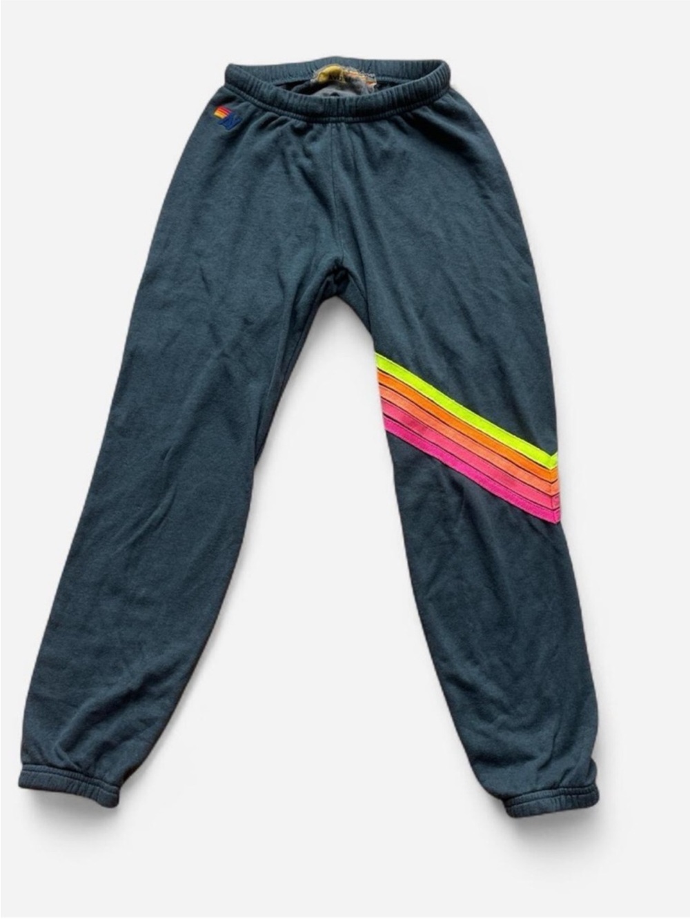Aviator Nation Navy Jogger Pants with Neon Rainbow Stripe